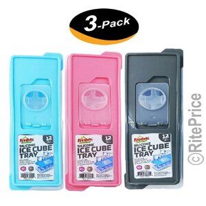 12 Molds Square Sillicone Ice Cube Tray W/Lid BPA FREE AST Color (3 Pack) - New